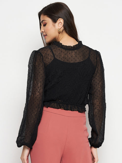 Madame Textured Swiss Dot Detail Black Peplum Top