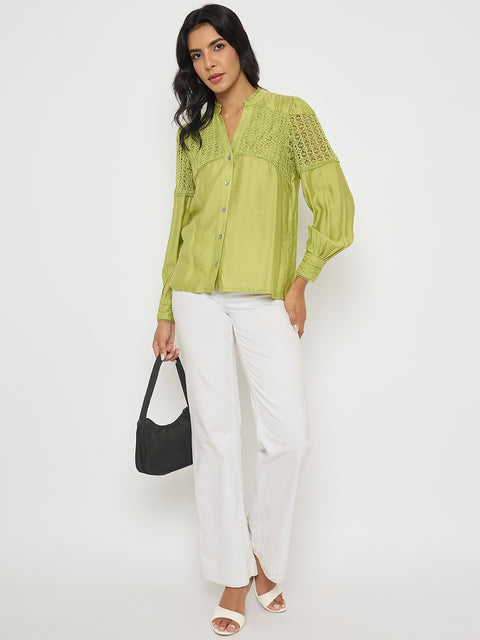 Madame Lace Detailed Pleated Front Green Top