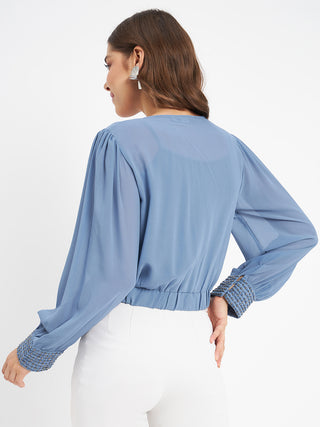 Madame Elasticated Hem Blue Wrap Crop Top