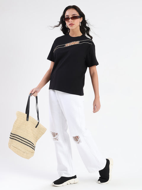 Madame Embellished Cutwork Detail Black Cotton T-shirt