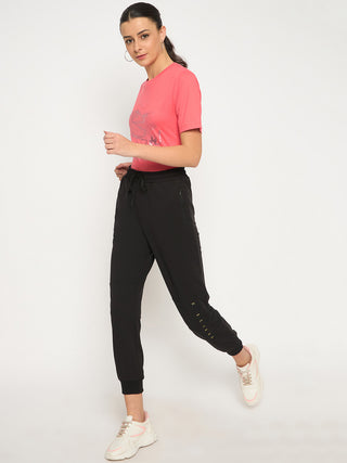 Madame Knit Reverse Panels Solid Black Jogger Style Track Bottoms