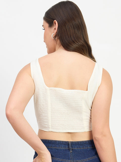 Madame Embroidered Off White Viscose Crop Top