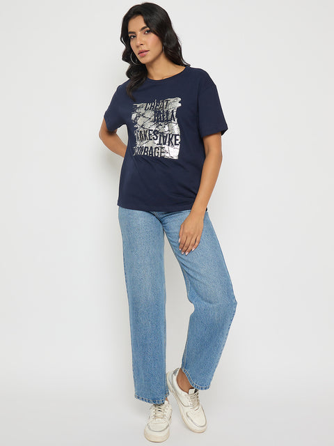 Madame Graphic And Typography Print Navy Blue Cotton T-Shirt