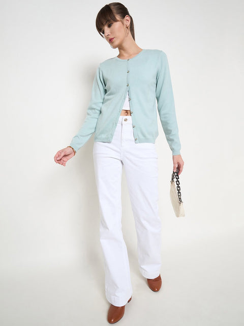 Madame Crew Neck Button Down Mint Green Cardigan