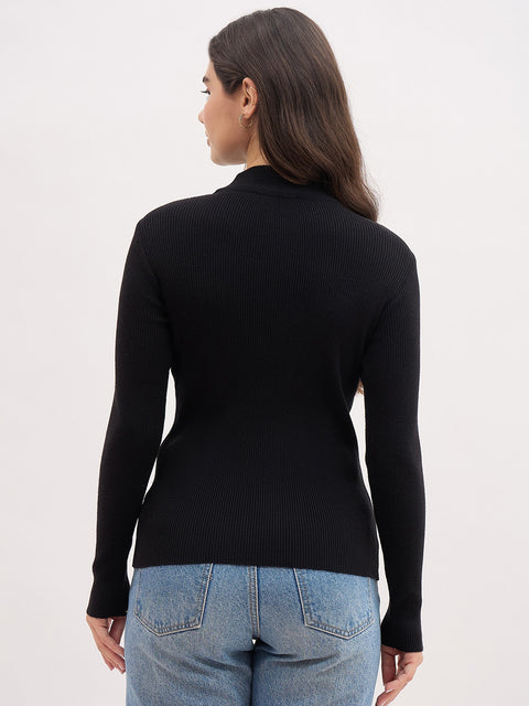 Madame Black Viscose Blend Full-Sleeve Basic Top