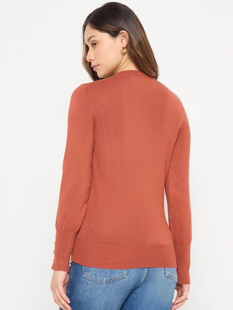 Madame Solid Rust Round Neck Sweater with Cuff Sleeves
