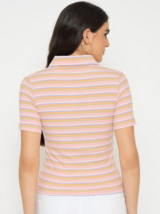 Madame Rayon Blend Striped Pink Polo T-shirt