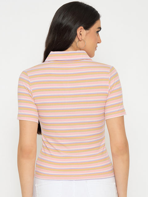 Madame Rayon Blend Striped Pink Polo T-shirt