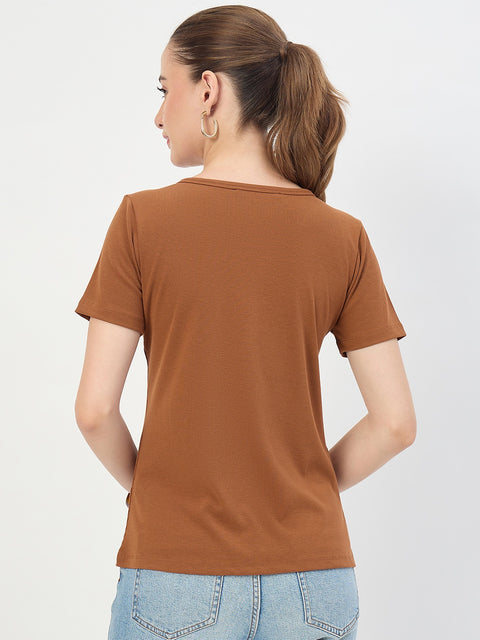 Madame Tan V-Neck T-Shirt with Button Placket