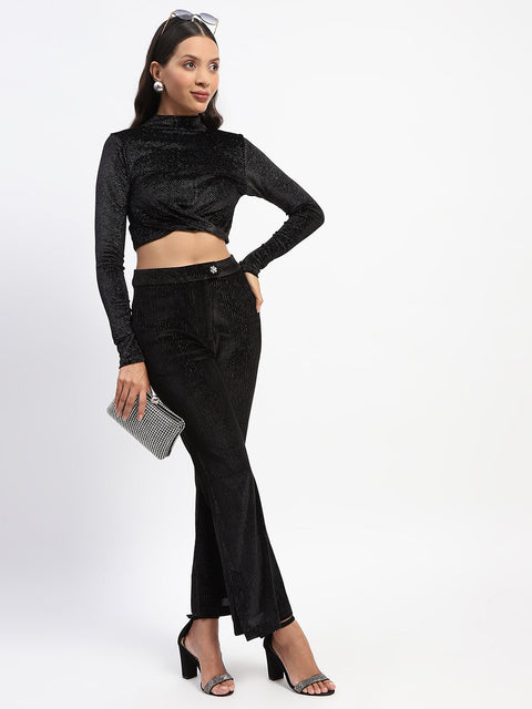 Madame Shimmery Wrap Black High Neck Crop Top