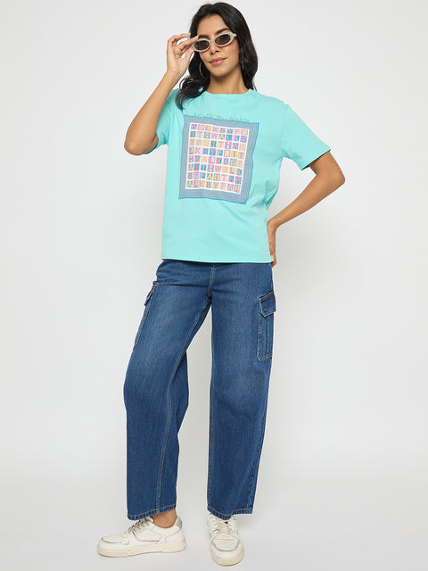 Madame Embroidered Graphic Print Cotton Aqua Blue T-Shirt