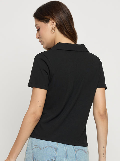 Madame Black Knit Polo Neck Short Sleeve T-Shirt