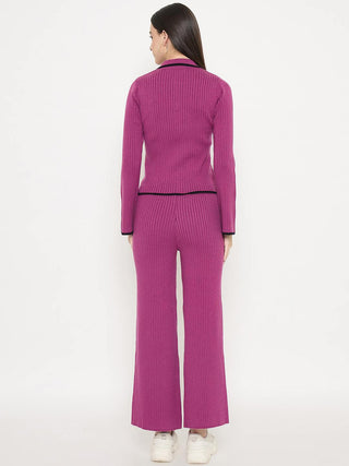 Madame Contrast Trim Top and Solid Bottoms Purple Knitted Co-ord Set