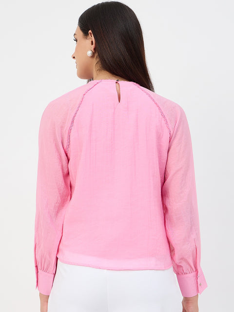 Madame Pink Embroidered Bishop-Sleeve Viscose Top