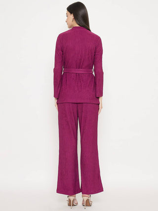 Madame Ribbed Belted Top and Bottom Plum Co-Ord Set
