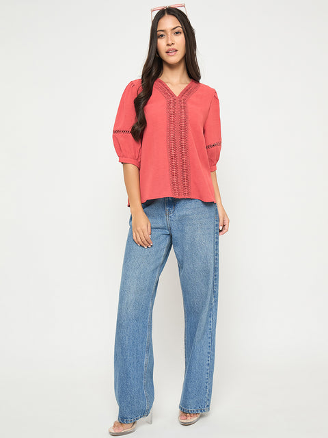 Madame Lace Detailed V-Neck Solid Red Knit Top