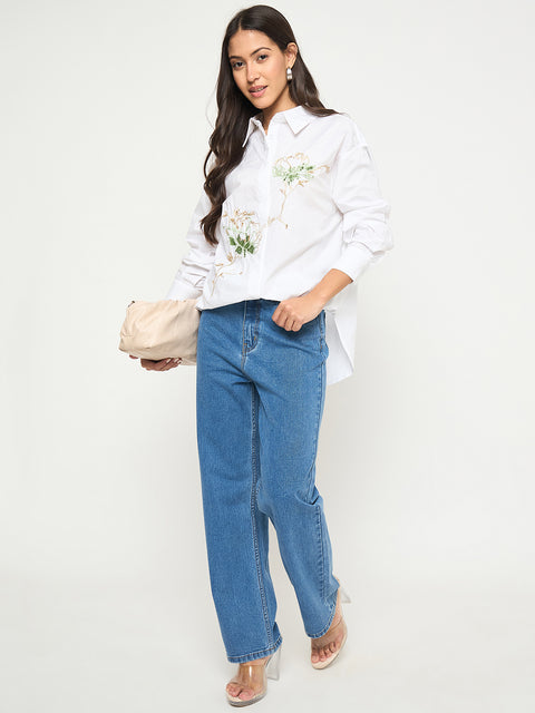 Madame Floral Embroidery White Cotton Shirt