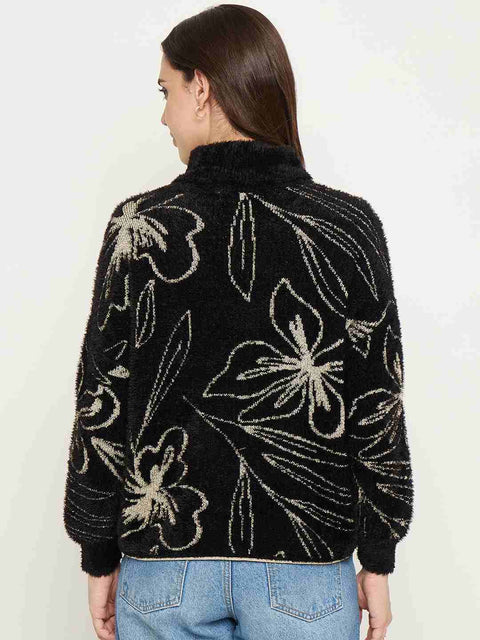 Madame Floral Print High Neck Black Sweater