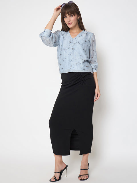 Madame Nylon Printed Embellished Ice Blue Overlapping Top