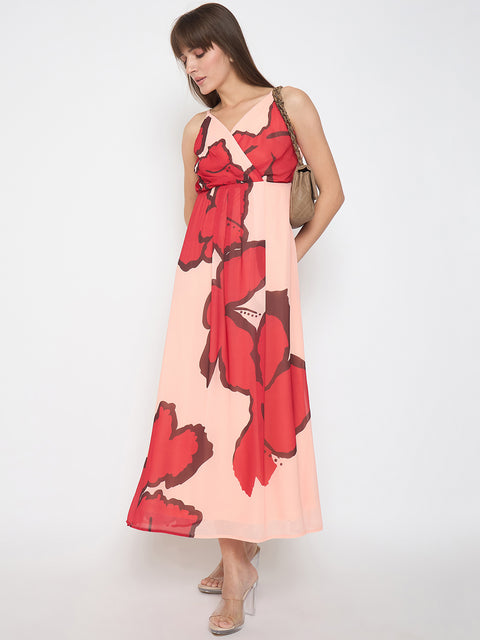 Madame Chiffon Floral Print A Line Peach Maxi Dress