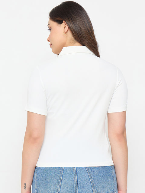 Madame White Solid Polo T-Shirt