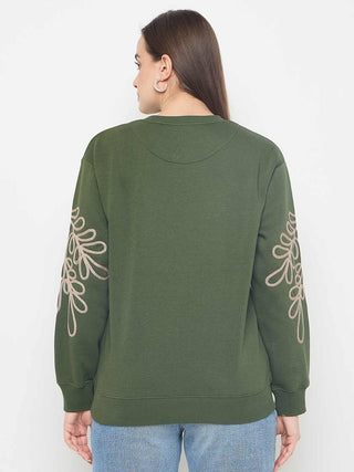 Madame Floral Embroidery Cotton Blend Green Sweatshirt