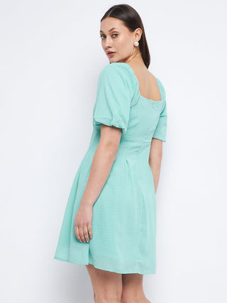 Madame Pleat Detailed Square Neck Sea Green Mini Dress