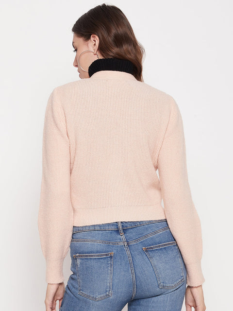 Madame Solid Peach V-Neck Crop Cardigan
