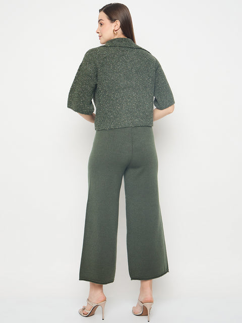 Madame Textured Coat with Solid Top and Bottoms Olive Green Co-ord Set