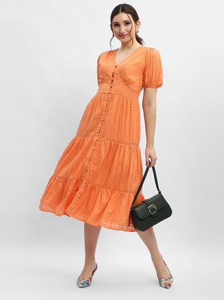 Madame V-Neck Orange Tiered Maxi Dress