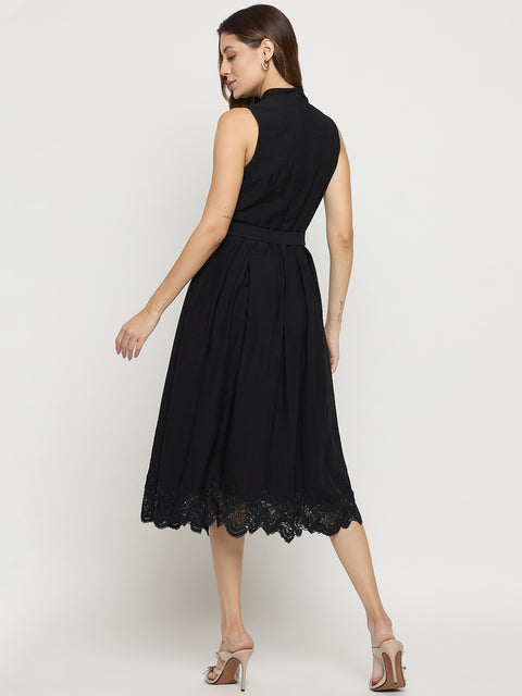 Madame Black Viscose Mandarin Collar Sleeveless Midi Dress