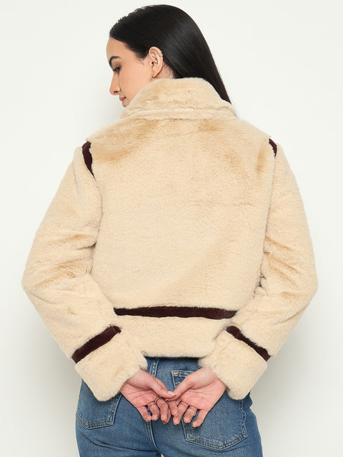 Madame Faux Fur Trim Beige Jacket with Contrast Seasms