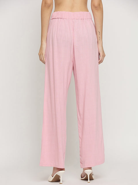 Madame Pink Rayon Linen Relaxed Fit Full Length Trousers