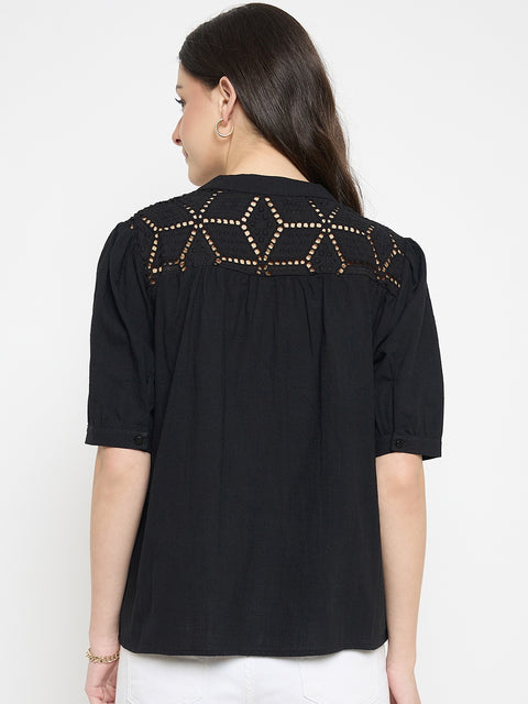 Madame Schiffli Detailing Black Cotton Top