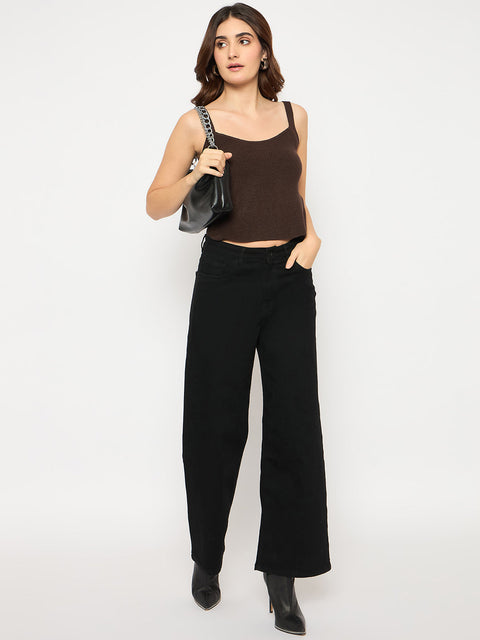 Madame Sleeveless Solid Coffee Brown Ribbed Knit Sweater