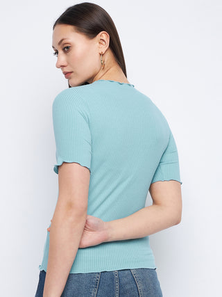 Madame Solid Aqua Blue Lettuce Hem Top