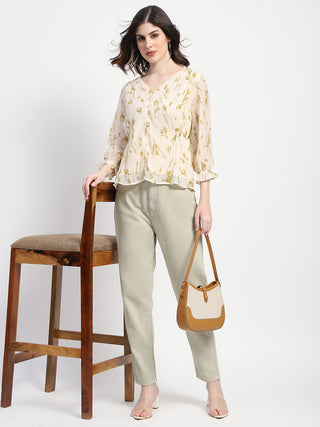 Madame Abstract Print V- Neck Olive Rayon Top