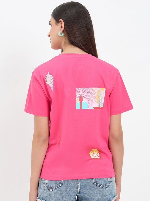 Madame Hot Pink Cotton Printed Half-Sleeve T-Shirt