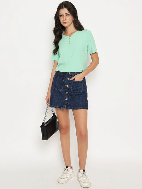 Madame Henley Neck Solid Green T-Shirt