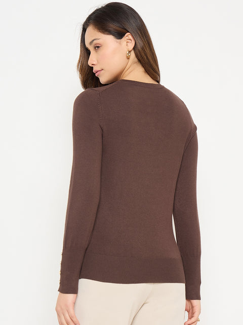 Madame Coffee Brown Round Neck Sweater with Cuff Sleeves