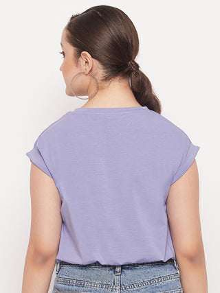 Madame Solid Violet Typography Cuffed Half Sleeves Elasticated Waist Top