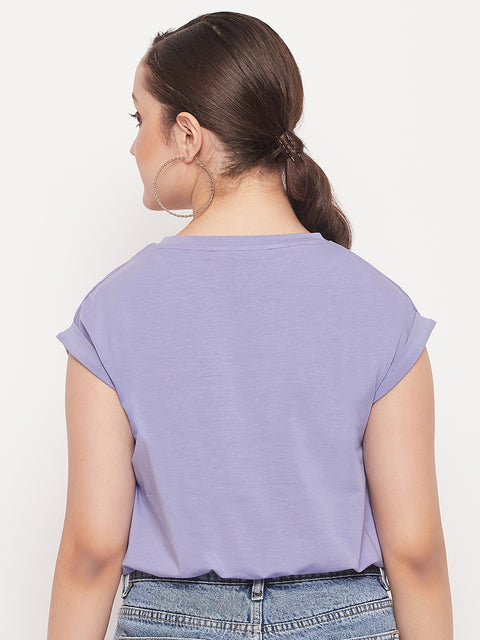 Madame Solid Violet Typography Cuffed Half Sleeves Elasticated Waist Top