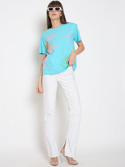 Madame Handwork and Embroidery Detail Aqua Blue T-shirt