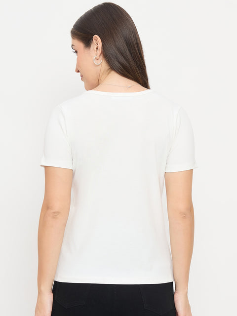 Madame White V-Neck T-Shirt with Button Placket