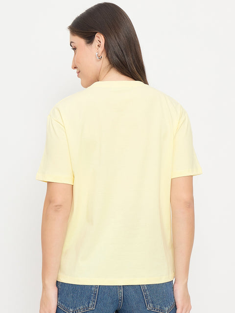 Madame Yellow Graphic Print Cotton Round Neck T-Shirt