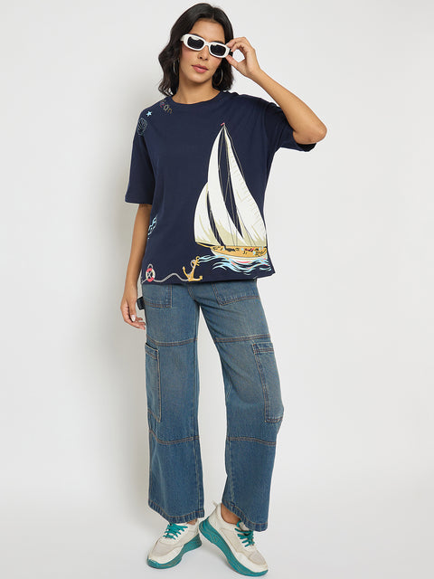 Madame Abstract Print Navy Blue Cotton T-shirt
