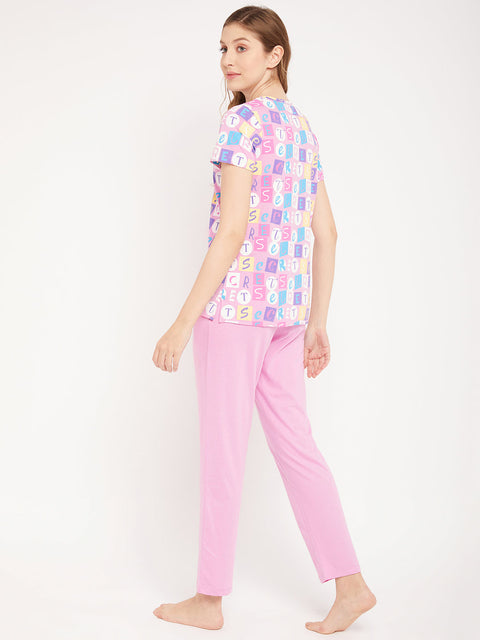 mSECRET Lavender Typography Cotton Nightsuit