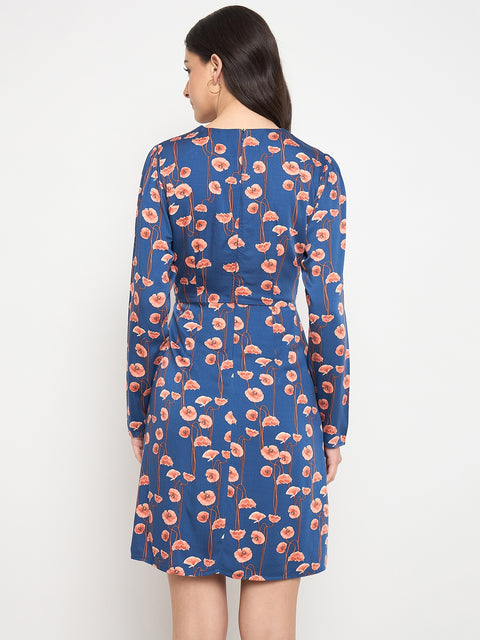 Madame Blue Printed Rayon Flared Dress