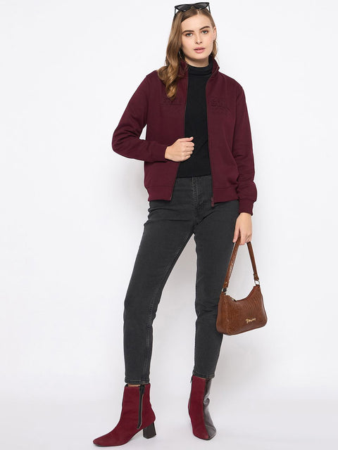Madame Embroidery Detailied Wine Fleece Sweatshirt