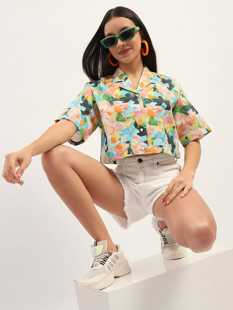 Madame Graphic Print Cotton Sky Blue Cropped Shirt